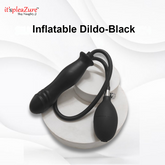 Black inflatable dildo with pump on a white background, branded 'it's pleazure'.